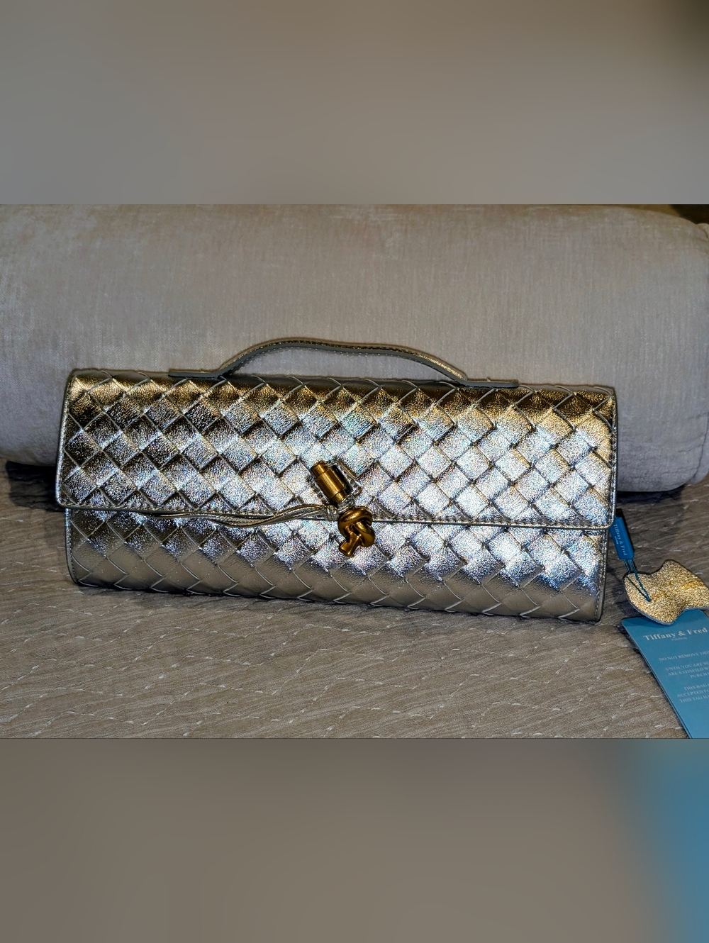 Tiffany and Fred Metallic Silver Woven Clutch with Gold Accent
